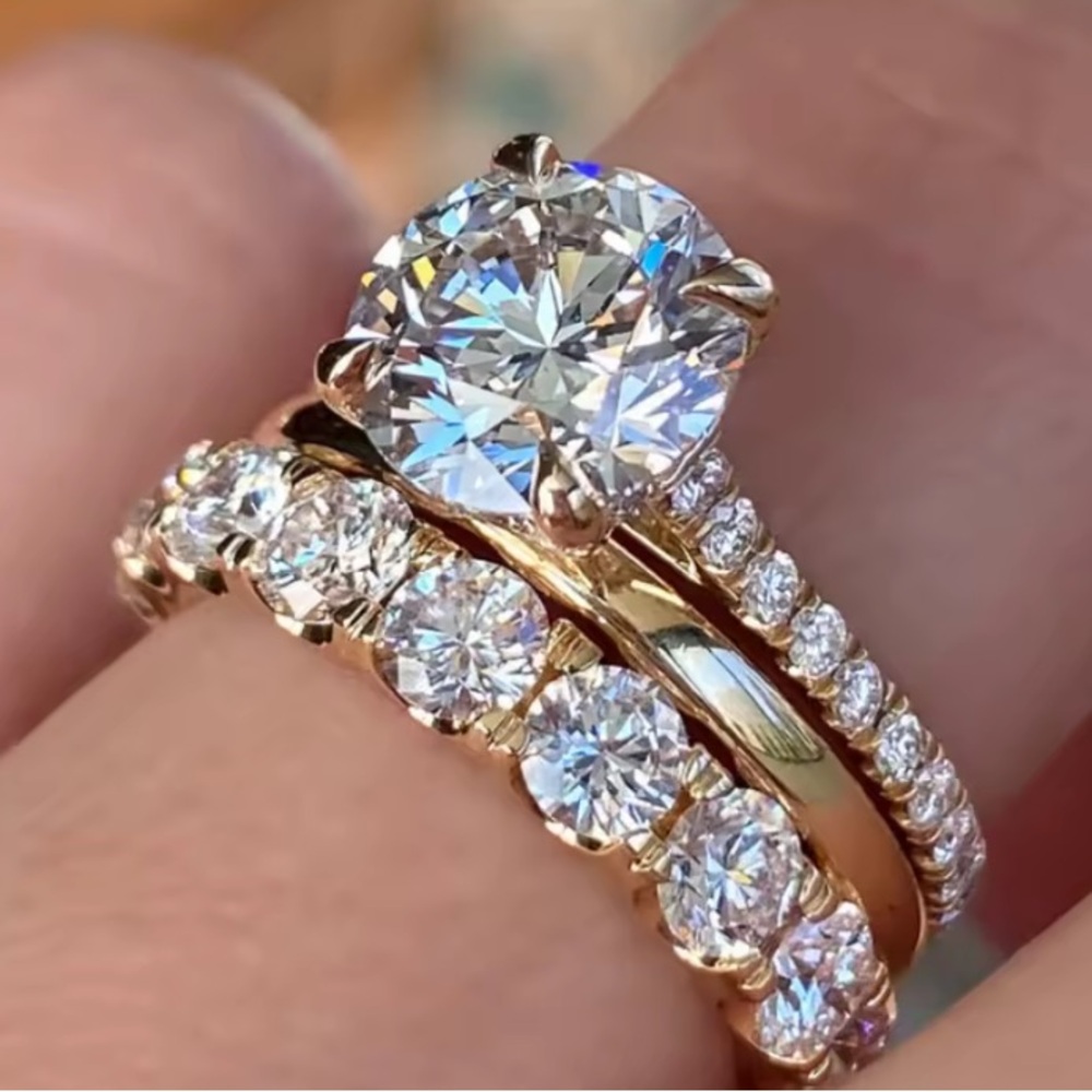 3 Pieces Ring Set - Classic Round Cut Engagement and Eternity Band 3 CTS
